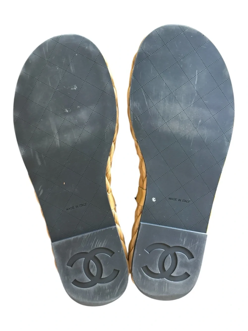 CHANEL Black and Natural Raffia Thong Sandals